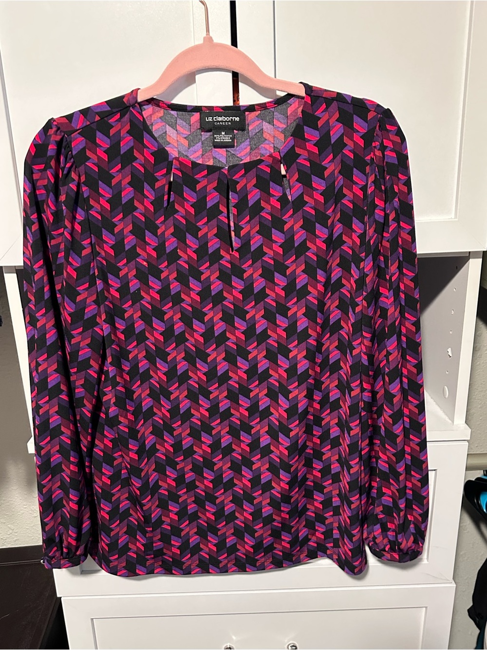 Liz Claiborne Career Geometric Blouse Size Medium Pink Purple Black Workwear